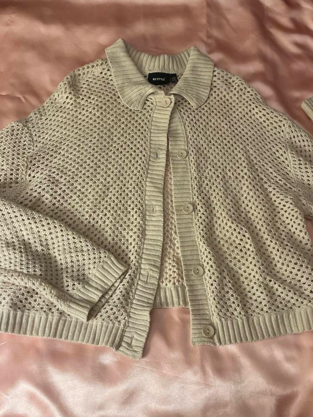 RD Style Cream Open-Weave Button Front Cardigan